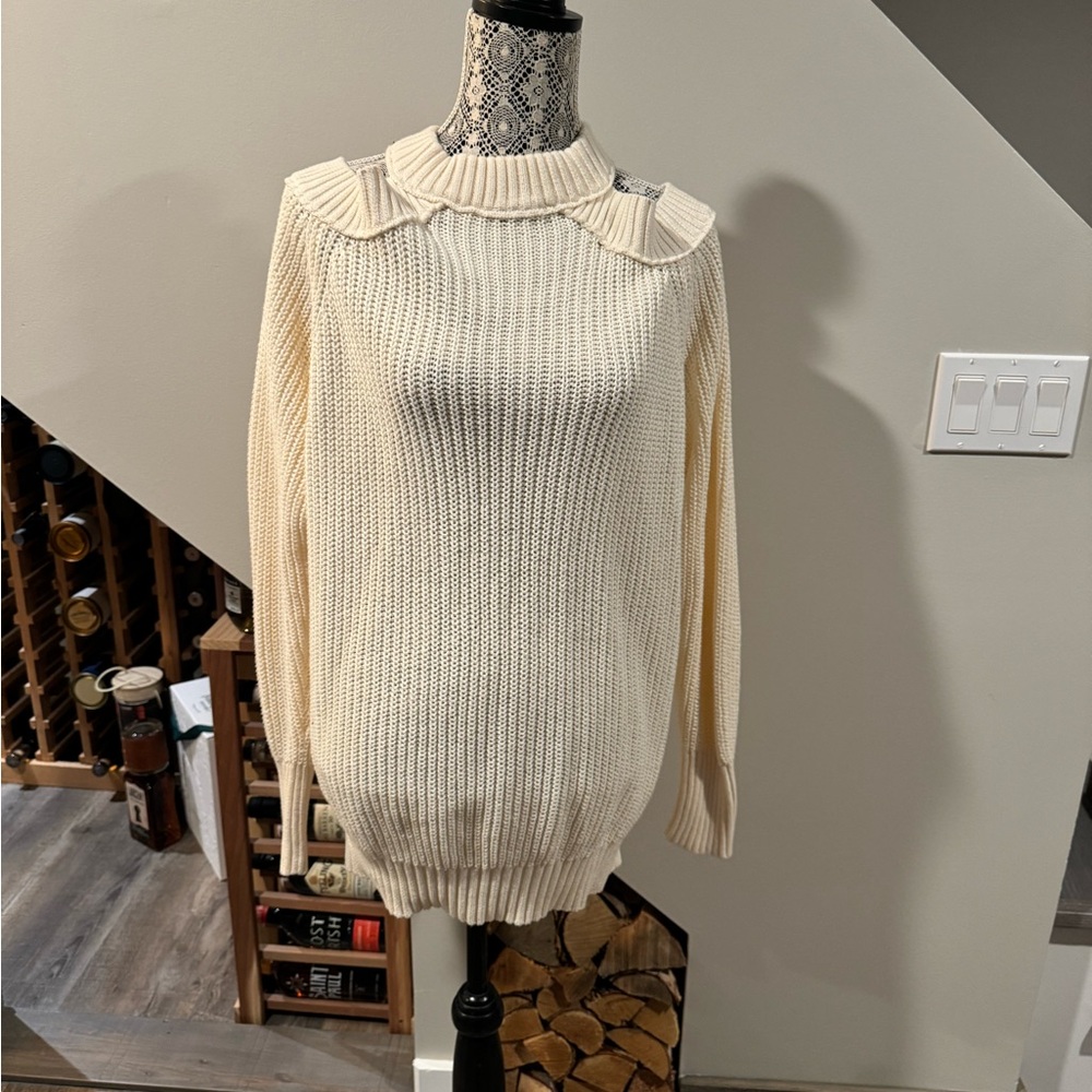 Free People Ribbed Sweater Mock Neck Exposed Shoulder Sz Large  100 Cotton Ivory